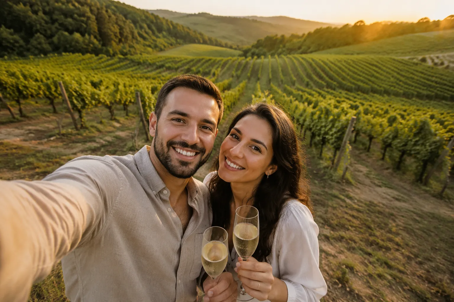 Couple souriant dans un vignoble au coucher de soleil.