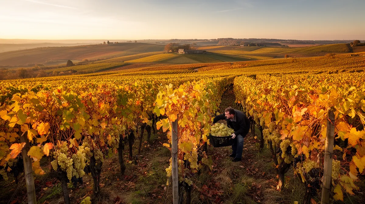 Vignoble d'automne avec grappes de raisin blanc et feuillage doré.