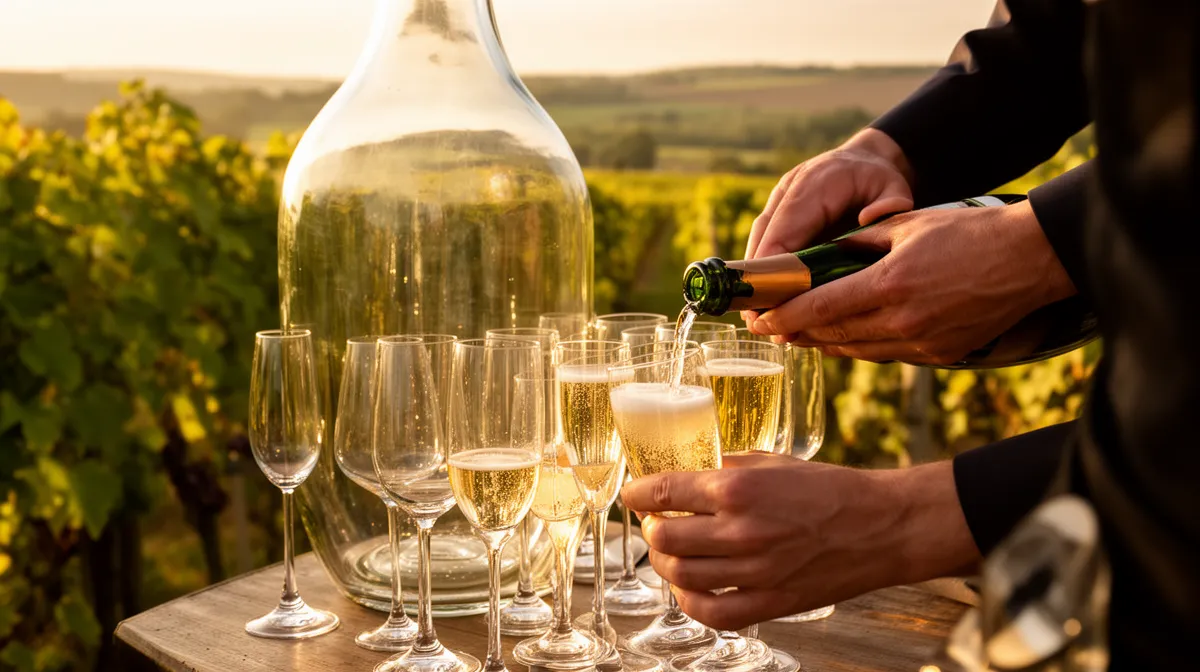 Verser du champagne dans des flûtes sur un fond de vignoble.