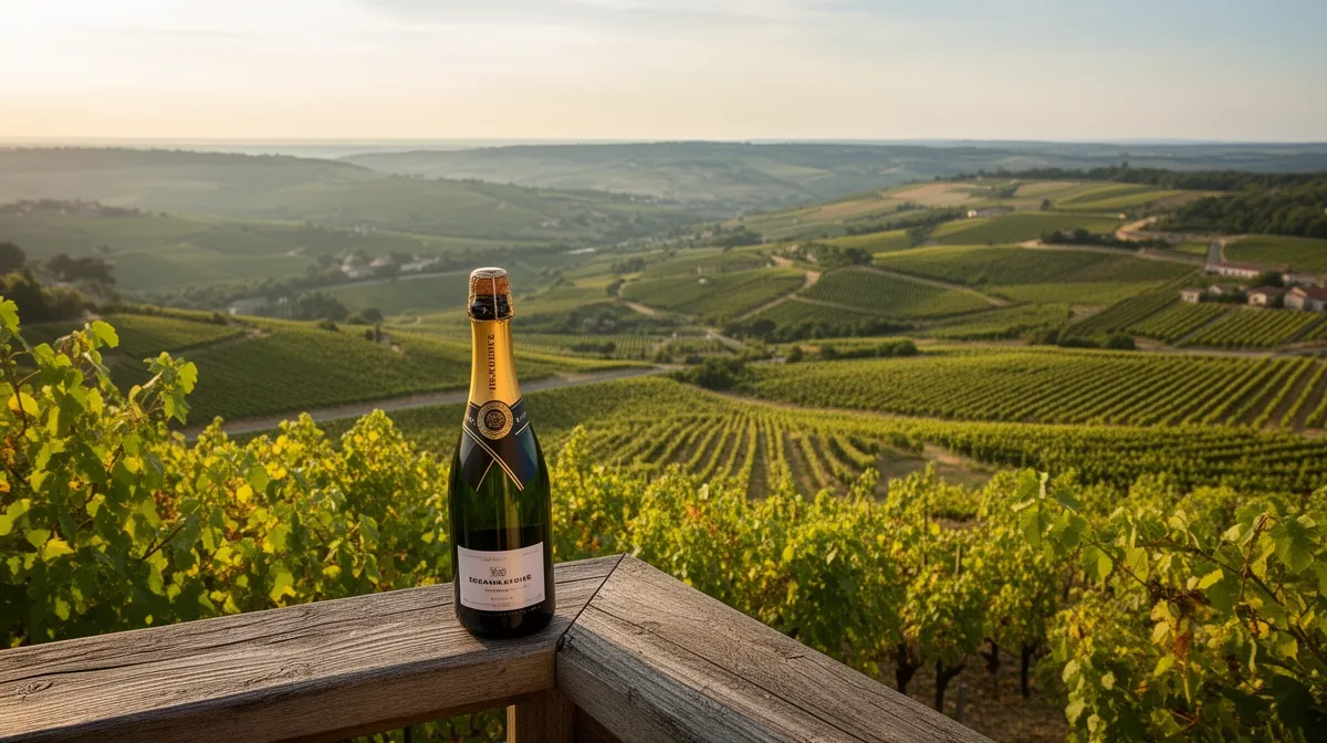 Bouteille de champagne sur un balcon avec vue panoramique sur les vignobles.