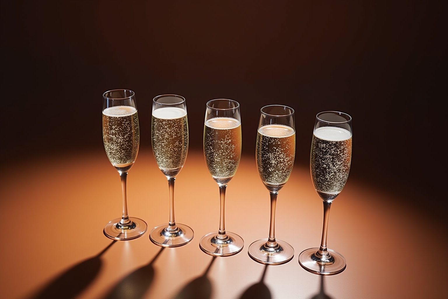Flûtes de champagne remplies de bulles dorées sur fond sombre.