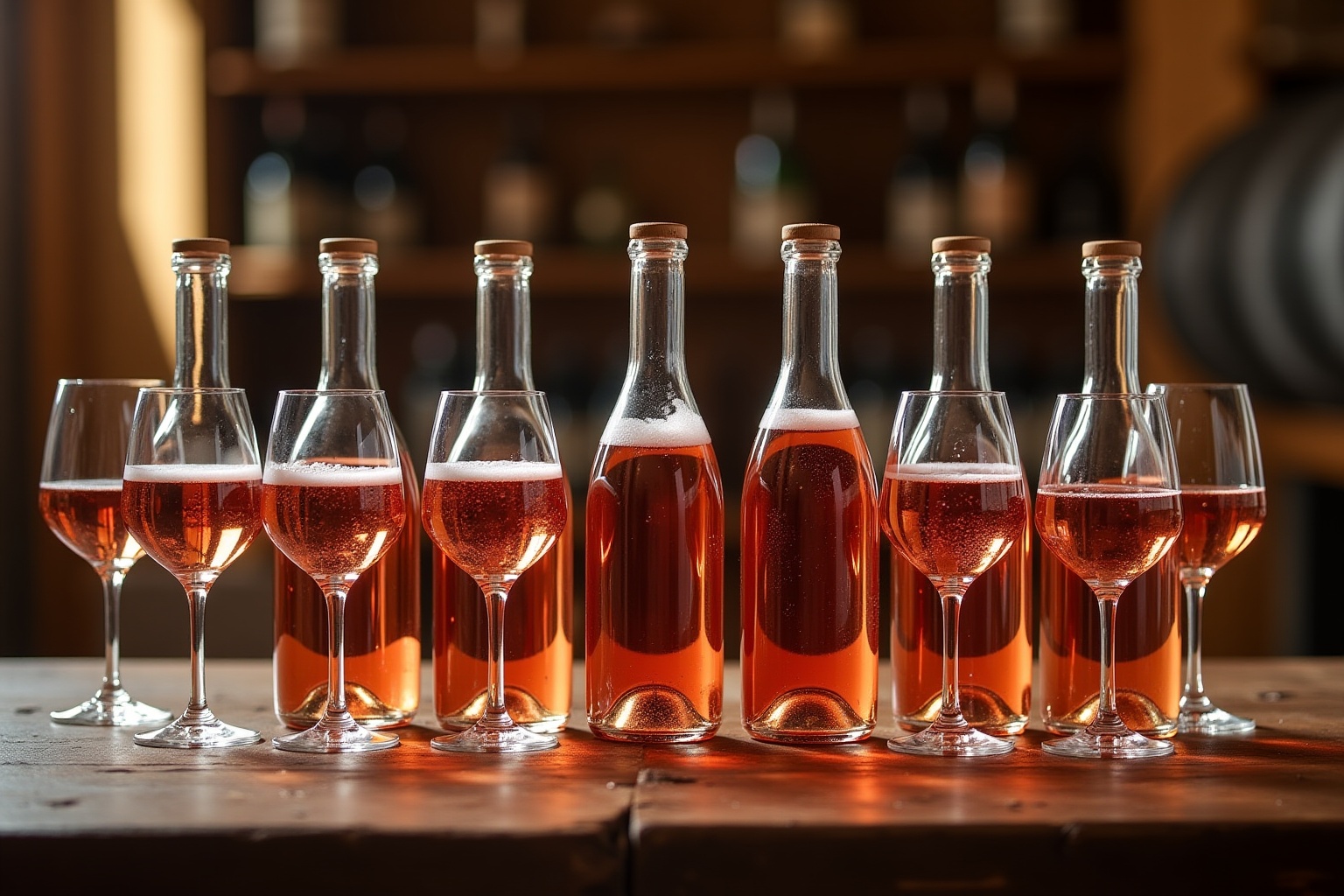 Bouteilles et verres de vin rosé sur une table en bois.