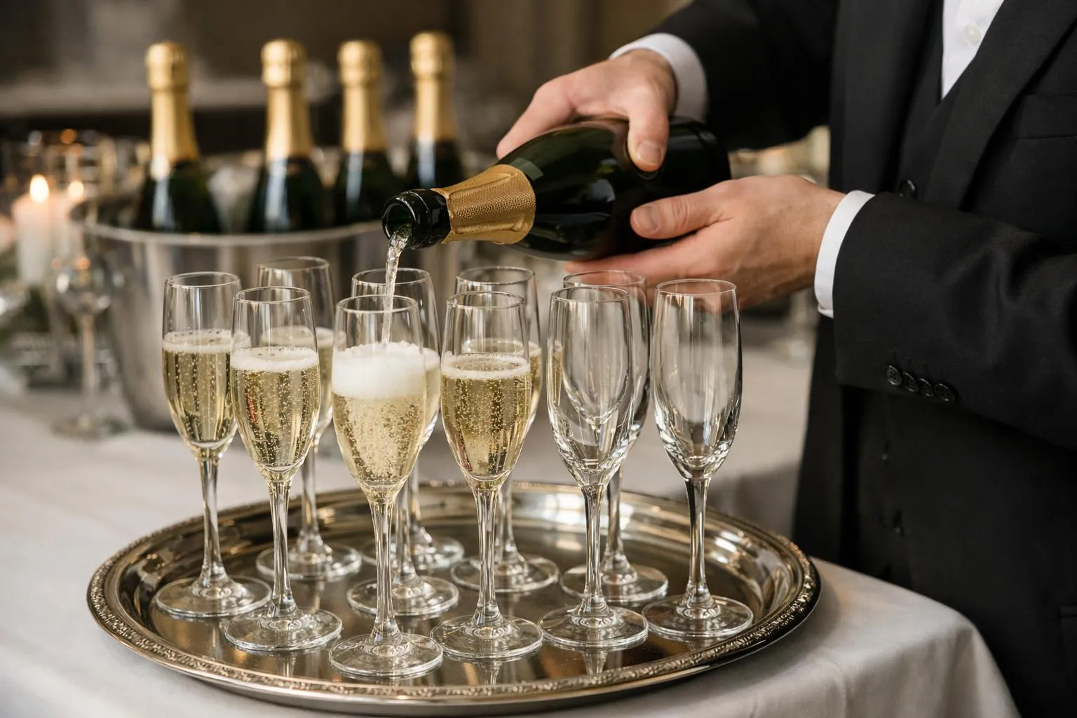 Verser du champagne dans des flûtes sur un plateau argenté.