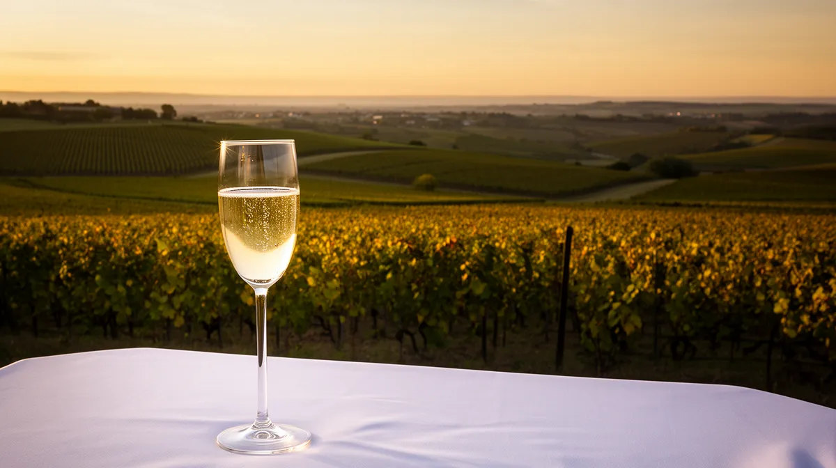 Verre de champagne avec vignoble au coucher de soleil.