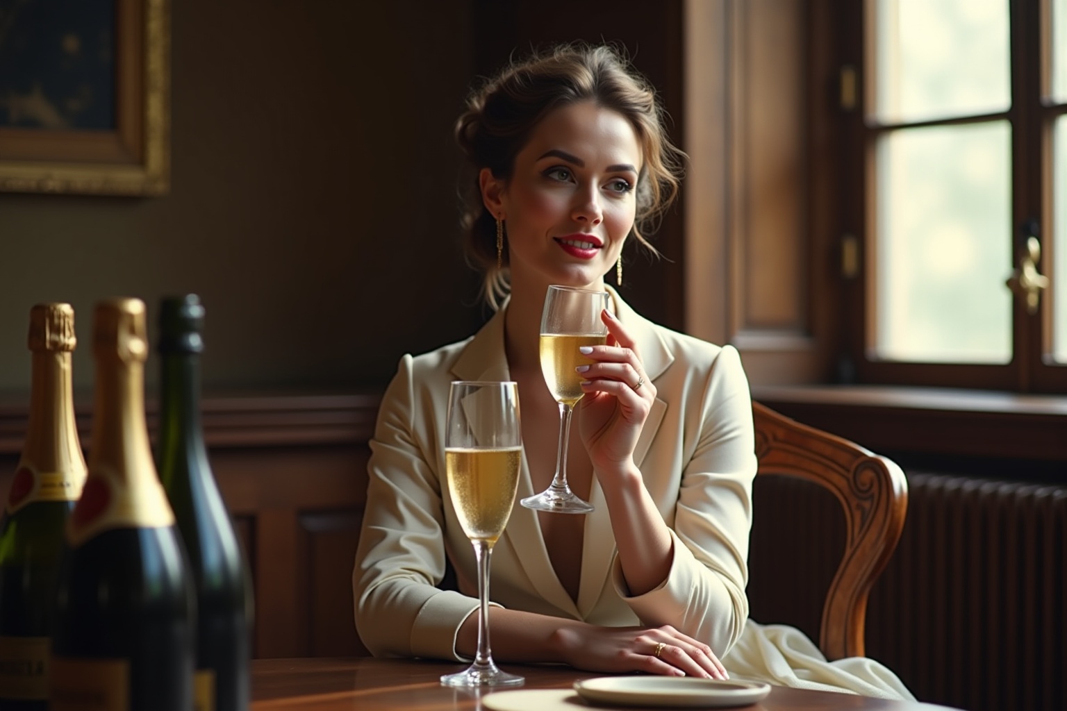 Femme élégante buvant du champagne dans un cadre luxueux.