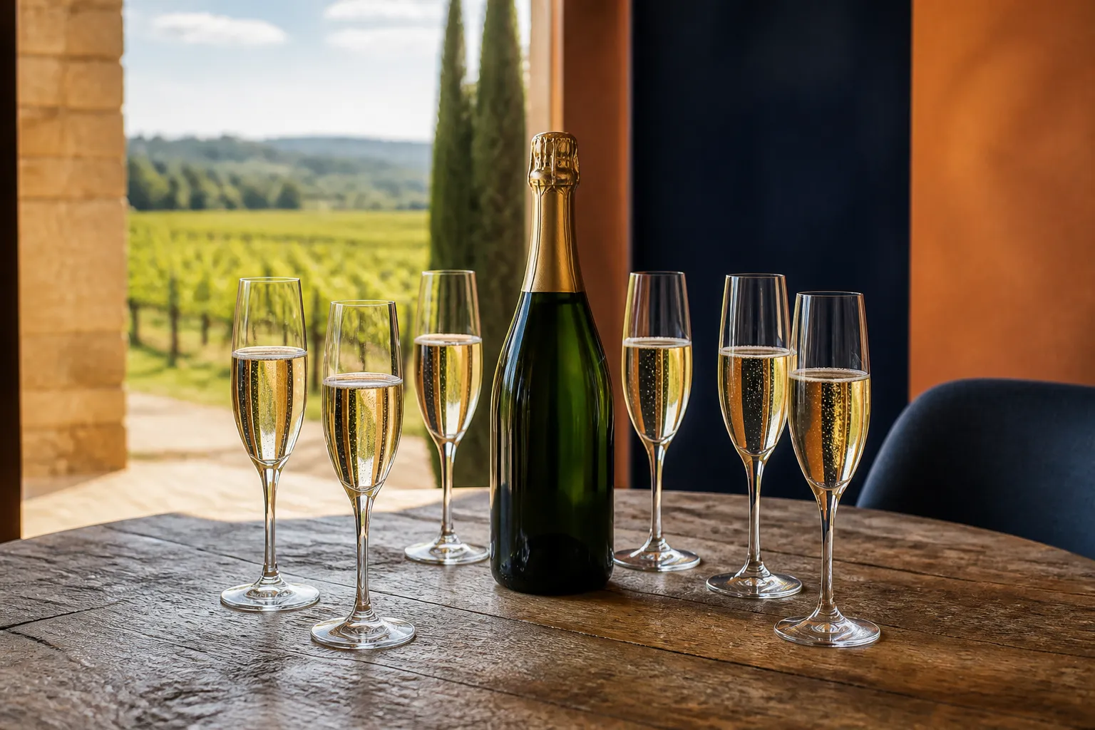 Bouteille et flûtes à champagne sur une table en bois avec vue sur la campagne.