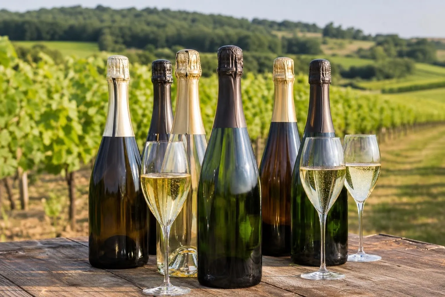 Bouteilles et verres de champagne sur fond de vignoble verdoyant.