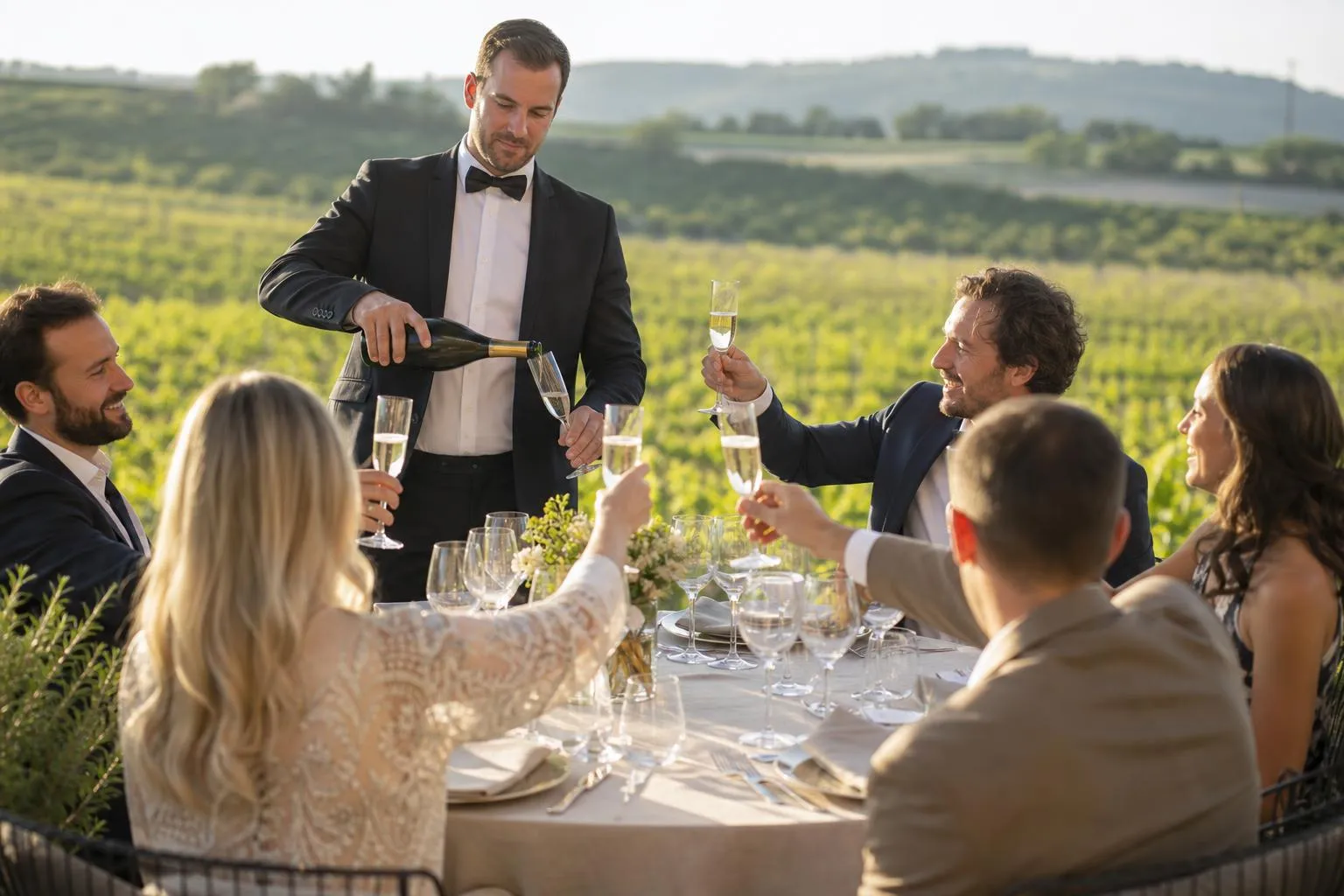 Groupe d'amis célébrant une occasion spéciale dans un vignoble pittoresque.
