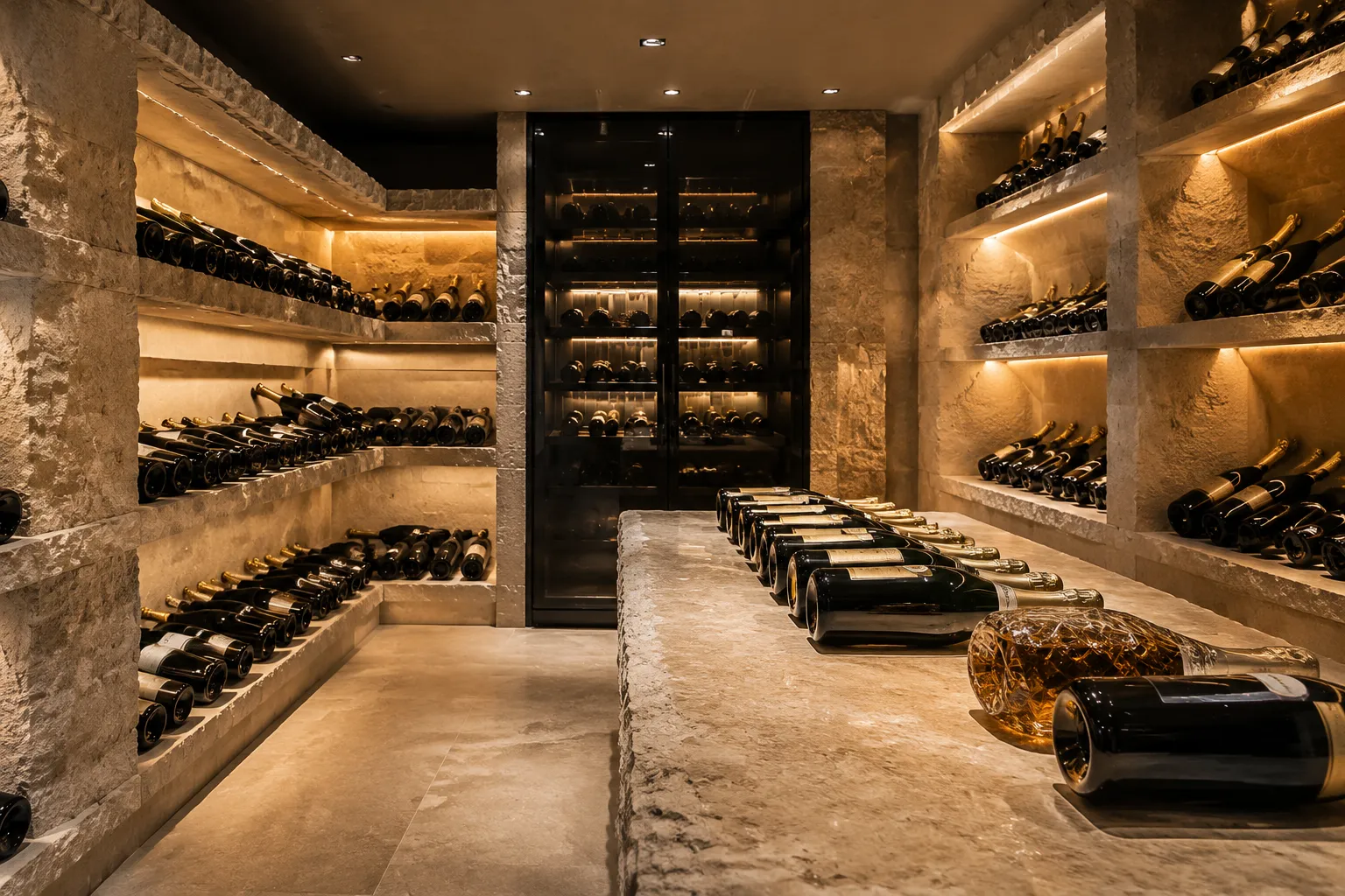 Cave à vin élégante avec étagères remplies de bouteilles.