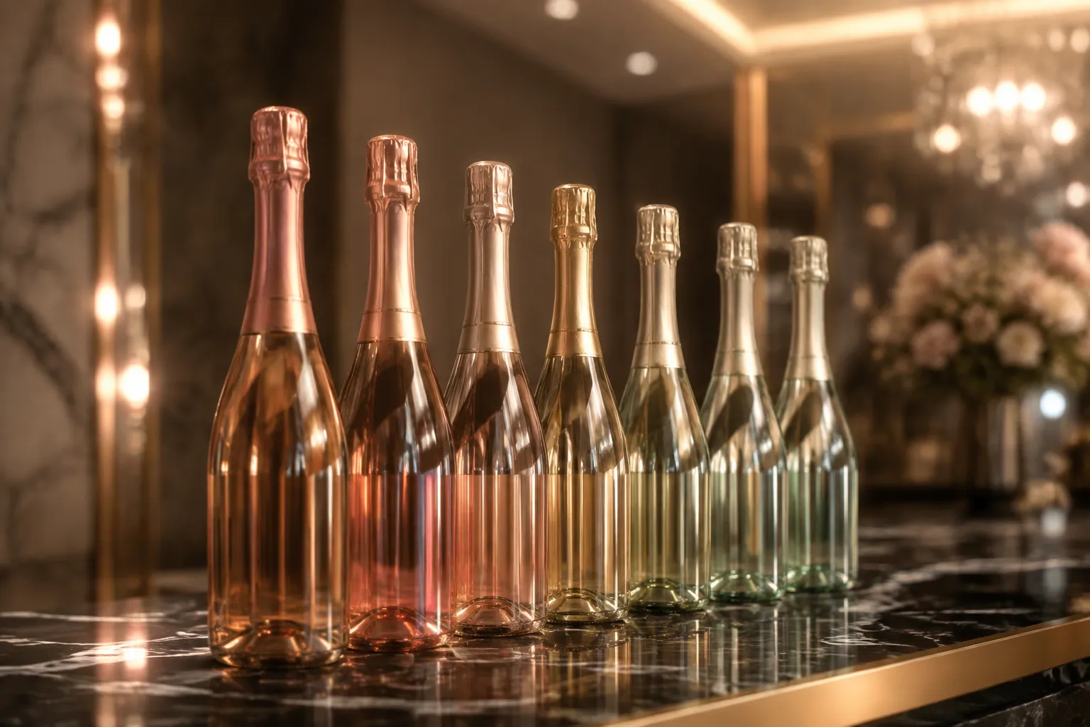 Bouteilles de champagne de différentes couleurs et tailles alignées.