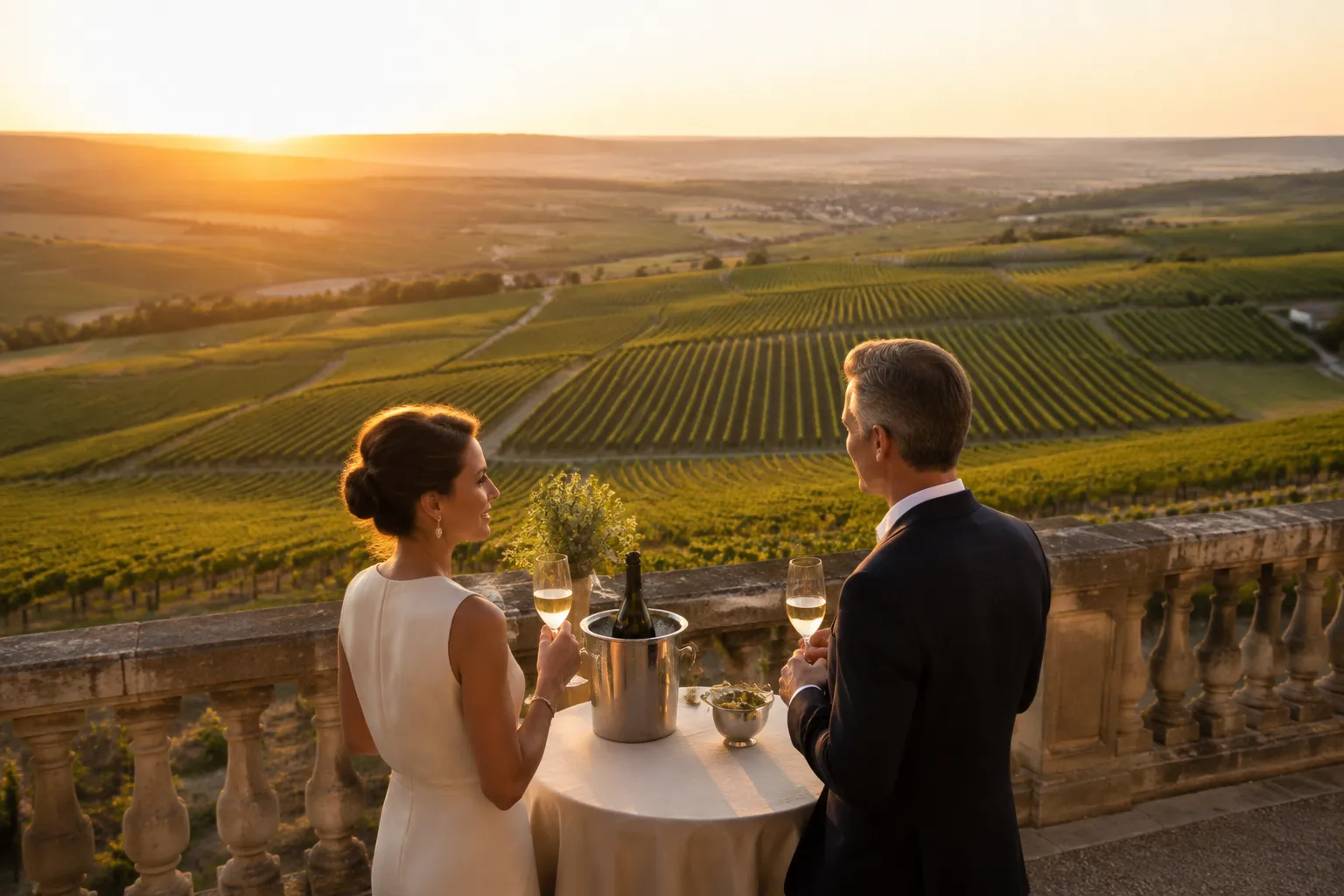 Couple en tenue de mariage profitant du coucher de soleil sur les vignobles.