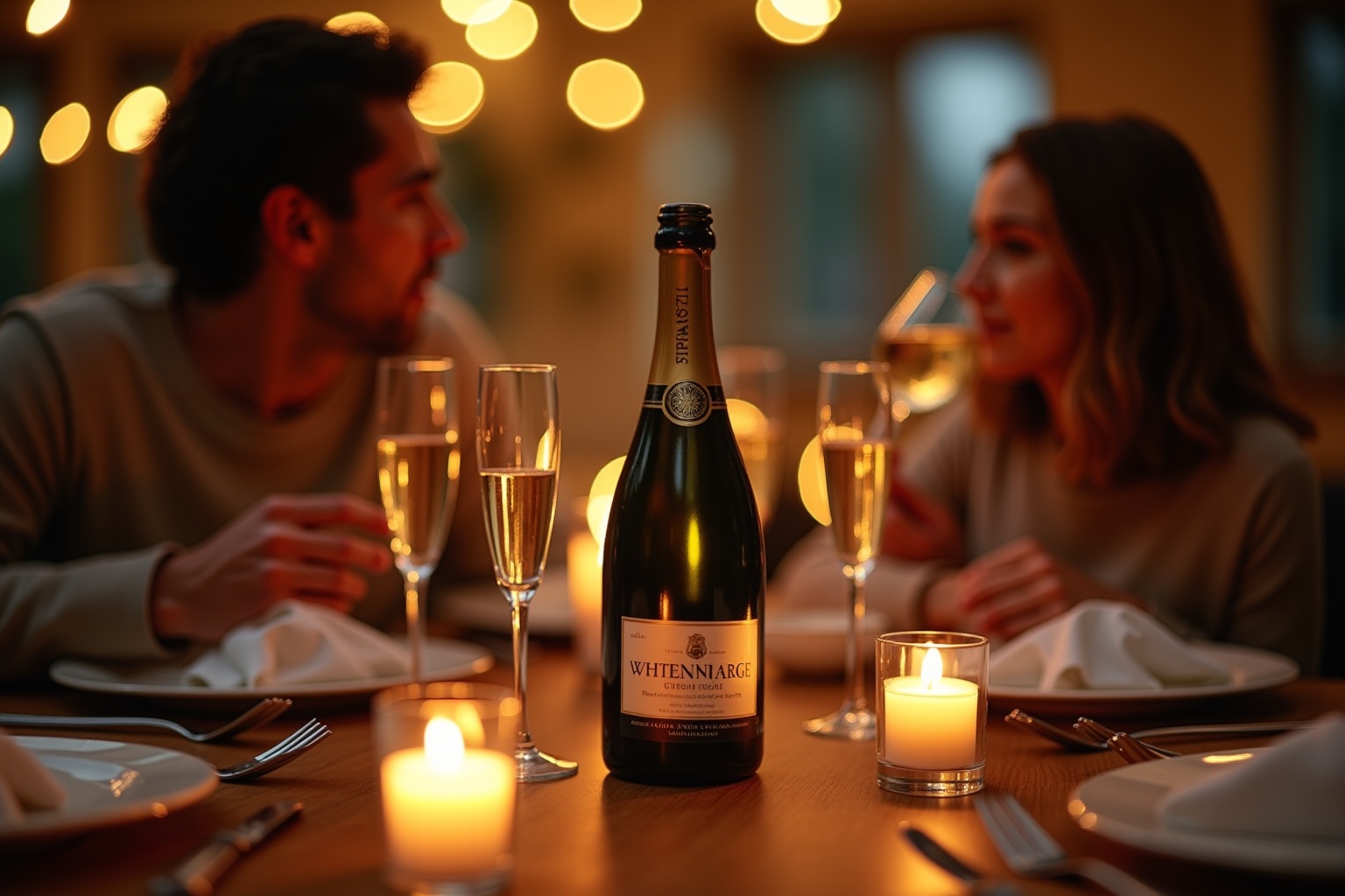 Dîner romantique avec champagne et bougies allumées.