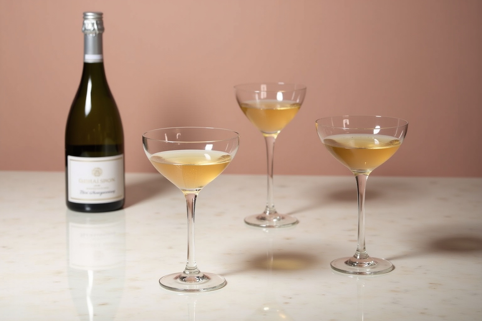 Bouteille de vin et verres de cocktail sur une surface blanche.
