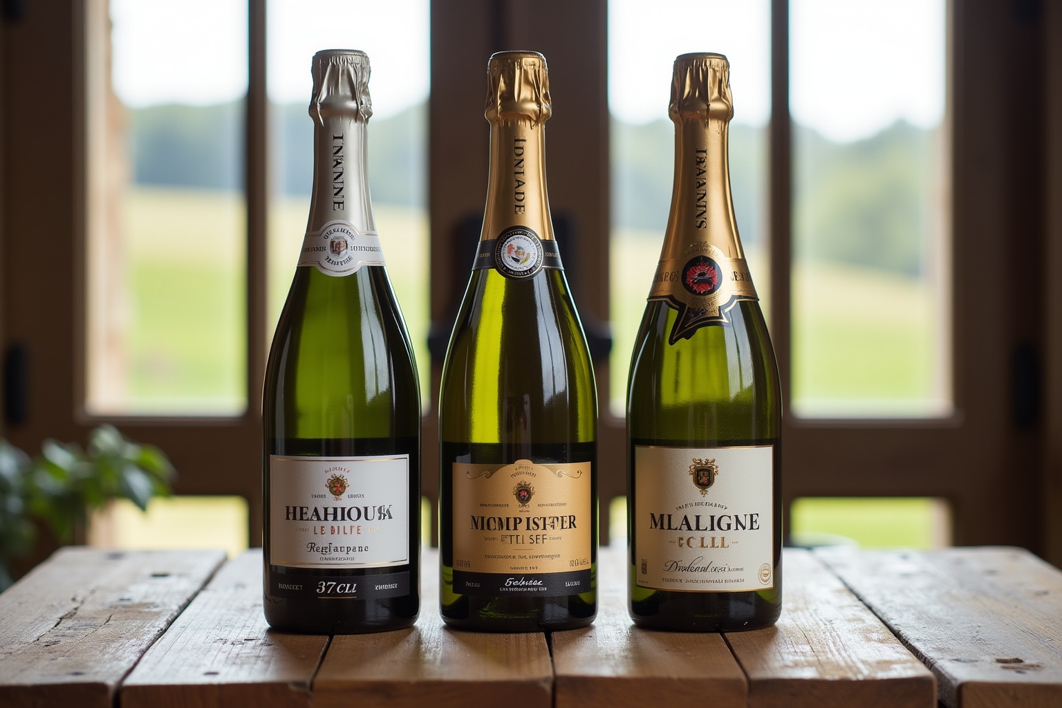 Bouteilles de champagne de marques prestigieuses sur une table en bois.