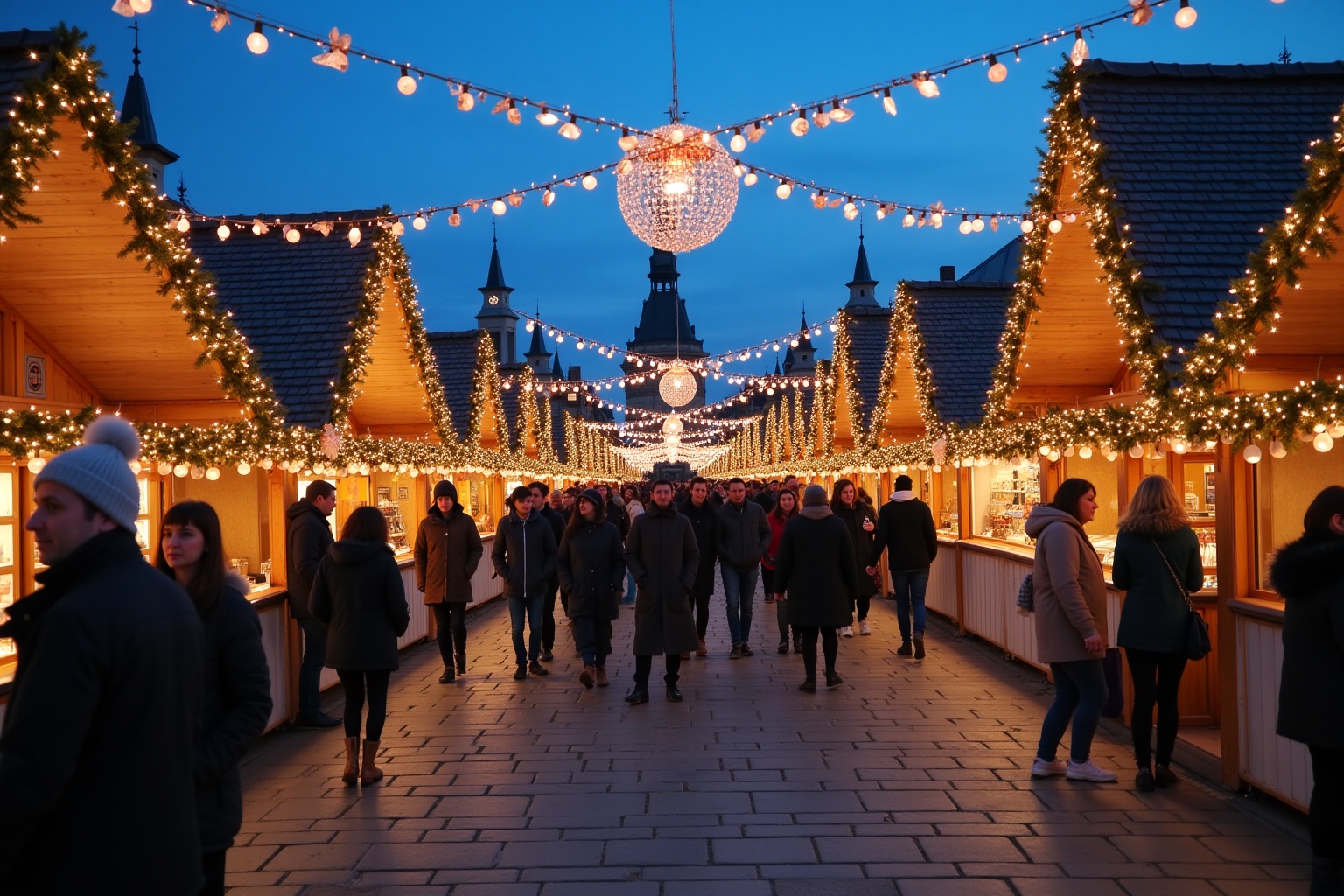 Marché de Noël illuminé, foule de visiteurs, décorations festives.