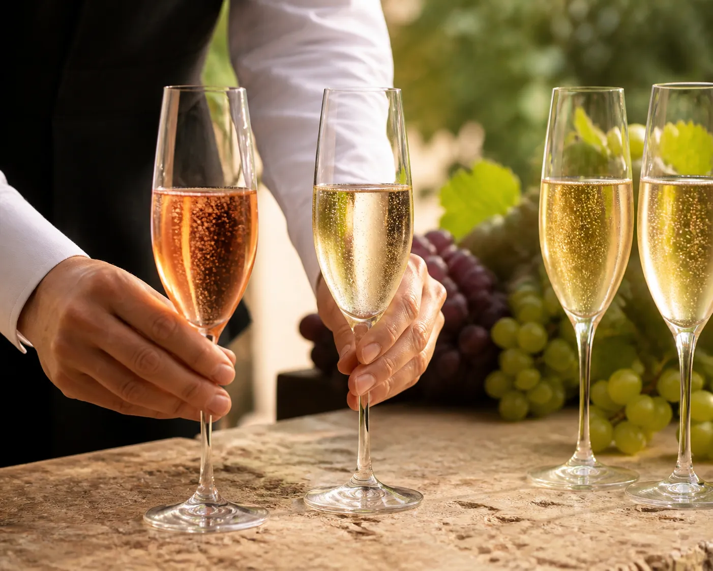Verres de champagne et de vin mousseux sur une table en pierre avec des raisins.