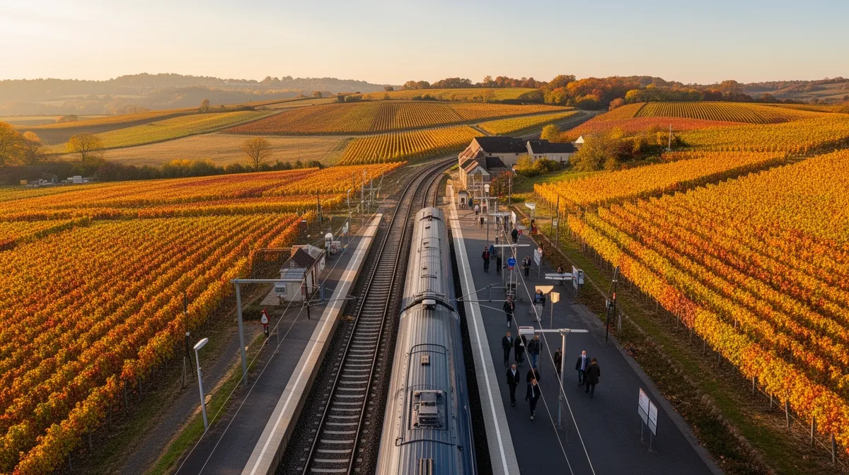 Paysage automnal de vignobles, gare de train et passagers.