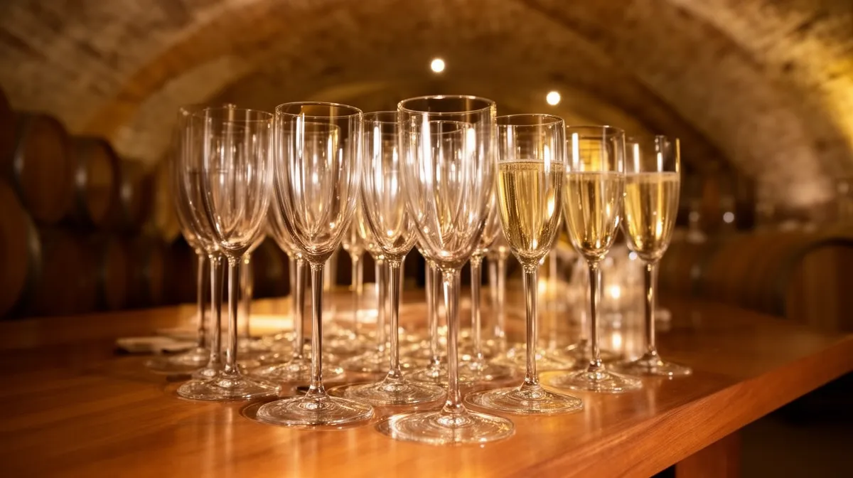 Flûtes à champagne alignées sur une table en bois dans une cave voûtée.