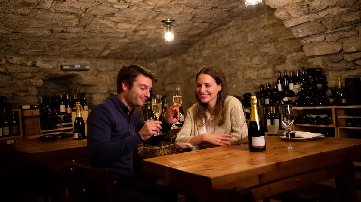 Couple appréciant un verre de champagne dans une cave à vin.