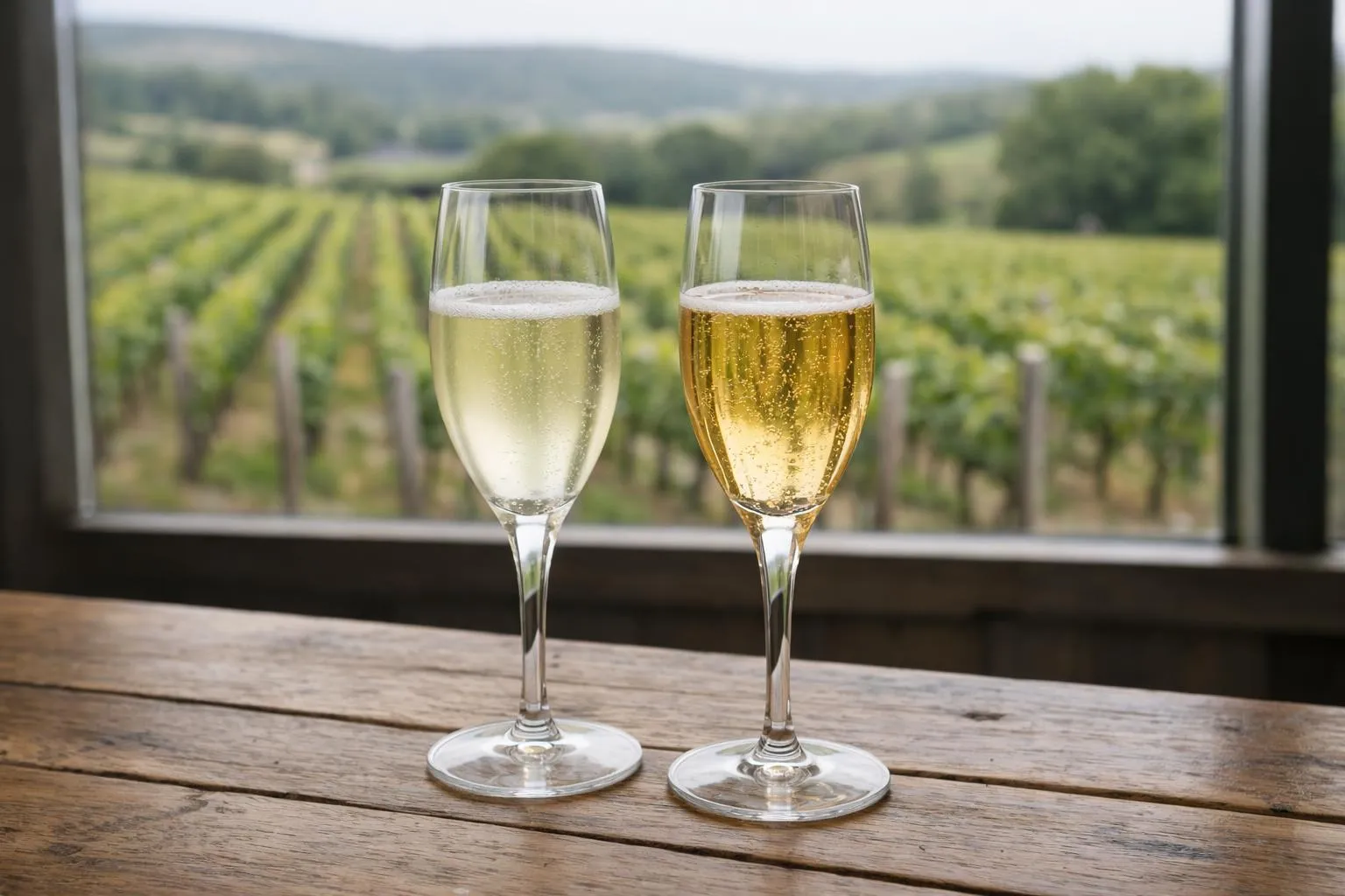 Deux coupes de champagne sur une terrasse avec vue sur un vignoble.