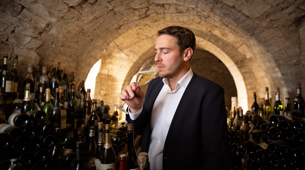 Homme en costume dégustant un verre de vin dans une cave.