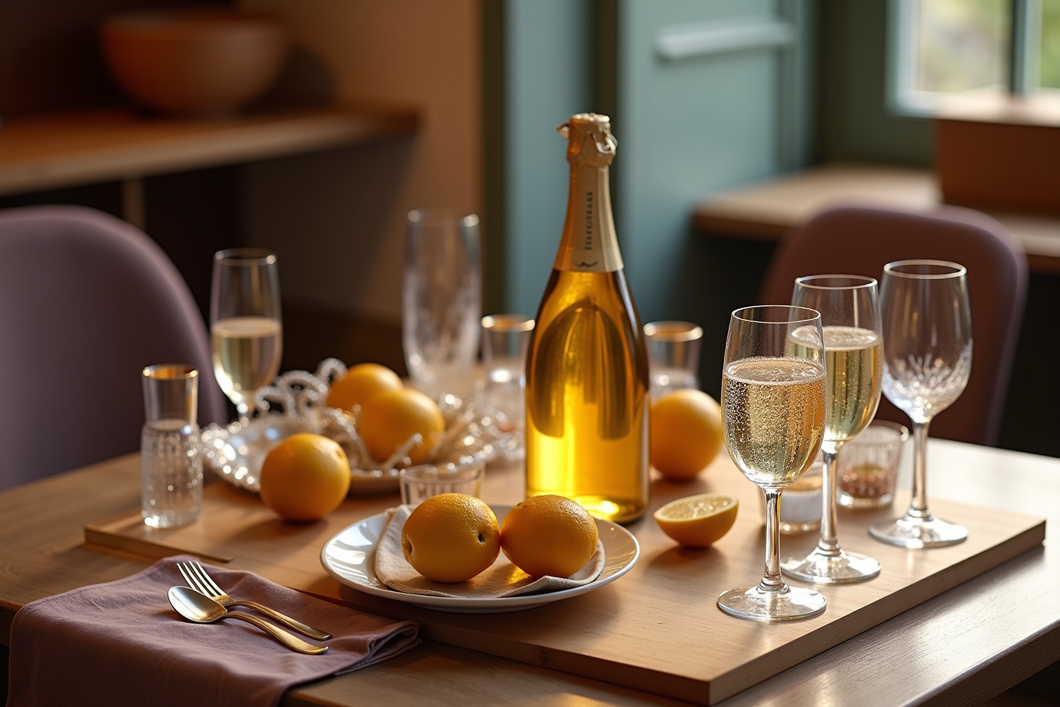 Bouteille de champagne, verres de champagne, citrons sur une assiette, décoration festive.