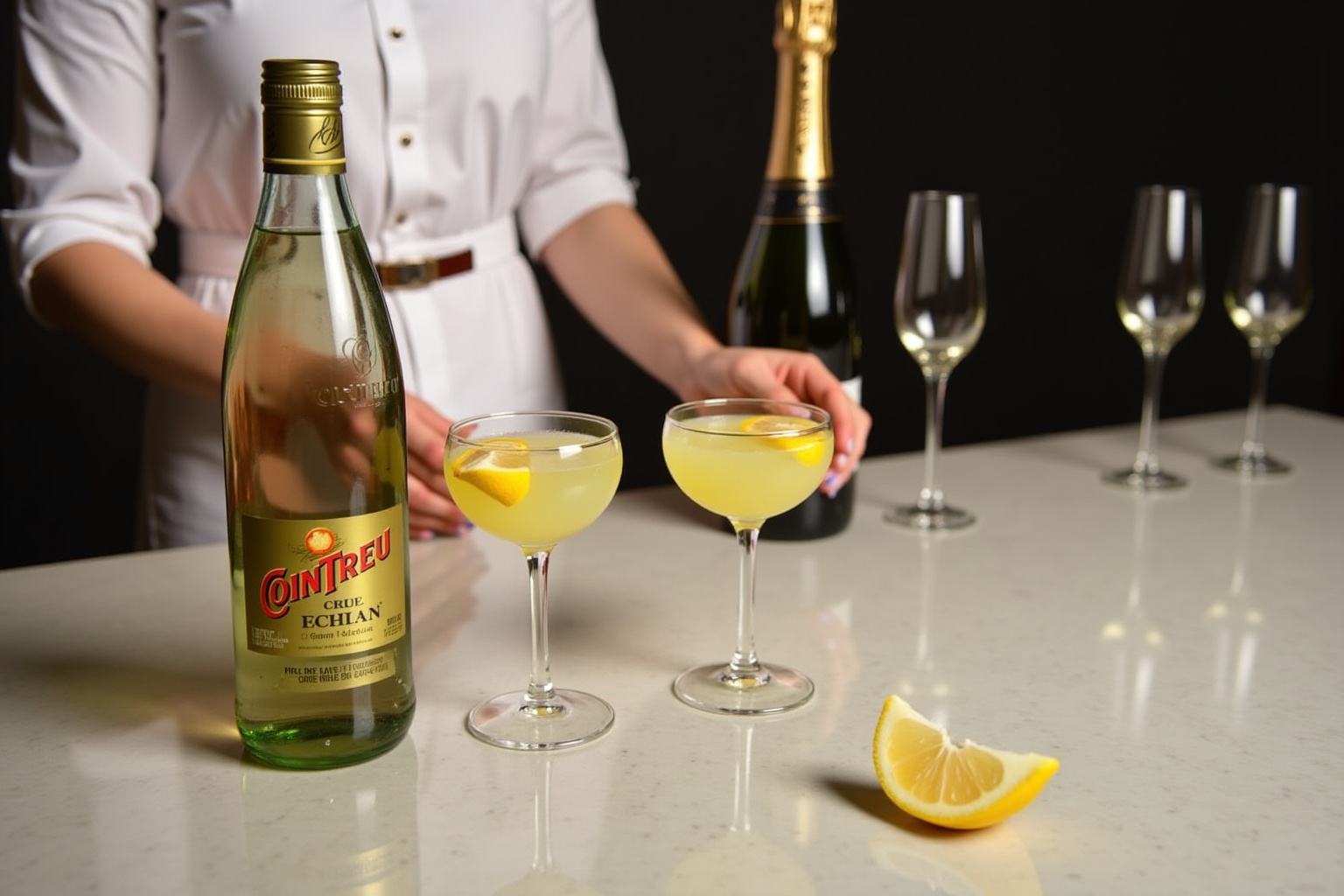Bouteille de Cointreau, verres de cocktail, citron, arrière-plan sombre.