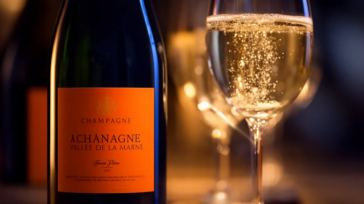Bouteille de champagne Achanagne et coupe de champagne effervescent.