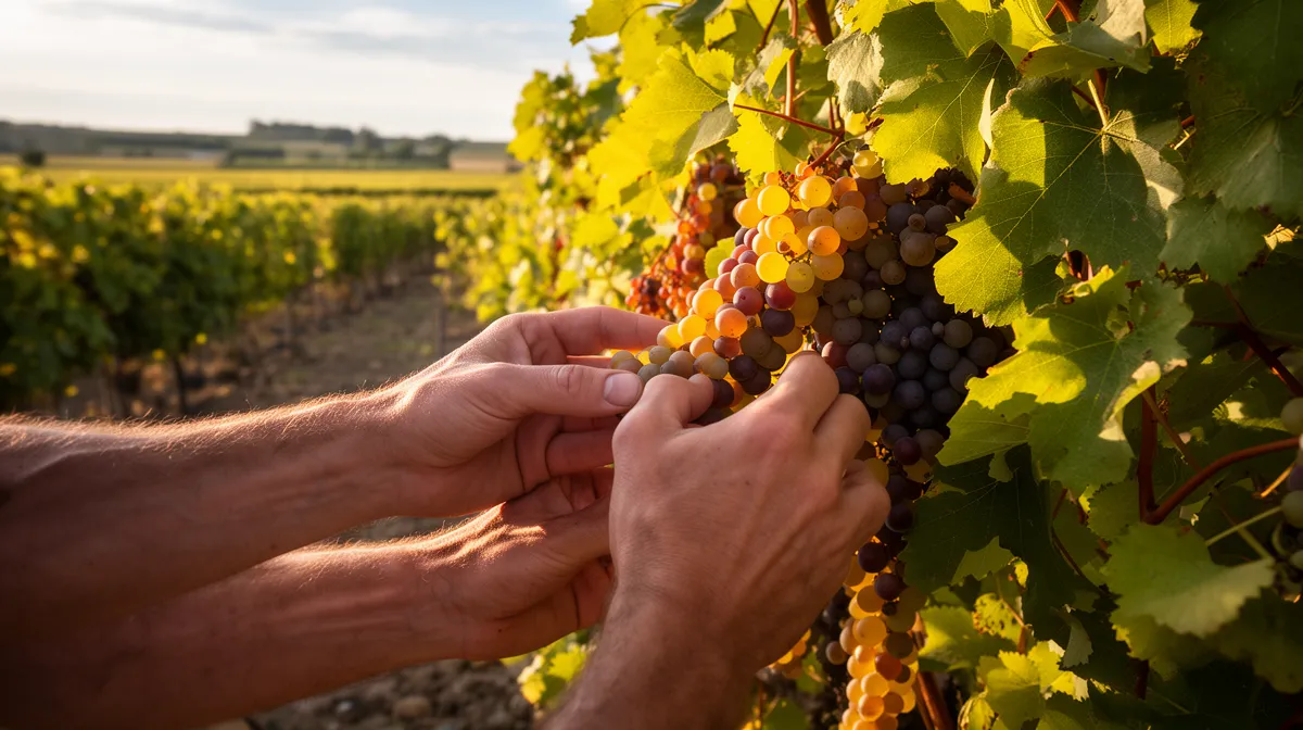Grappes de raisins mûrs sur la vigne dans un vignoble ensoleillé.