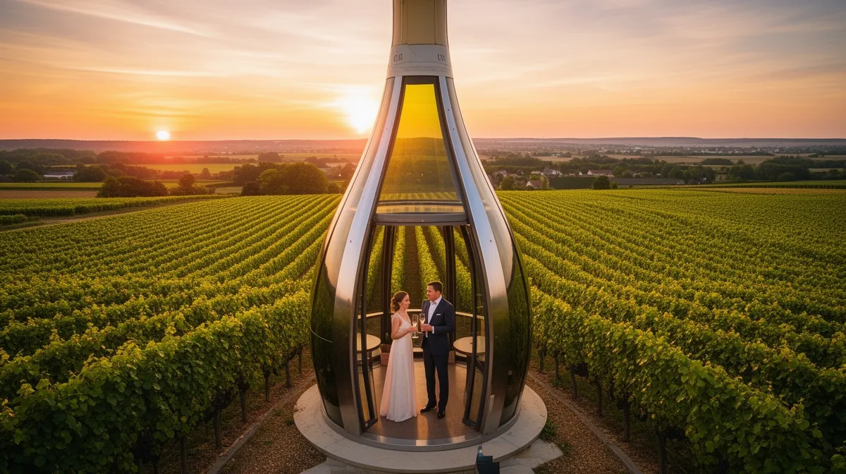 Couple mariés dans un vignoble au coucher de soleil.