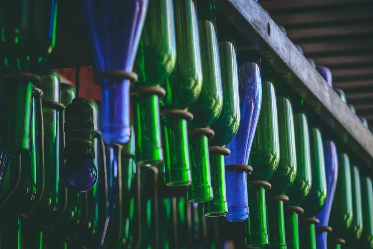 Bouteilles de vin colorées alignées sur une étagère.