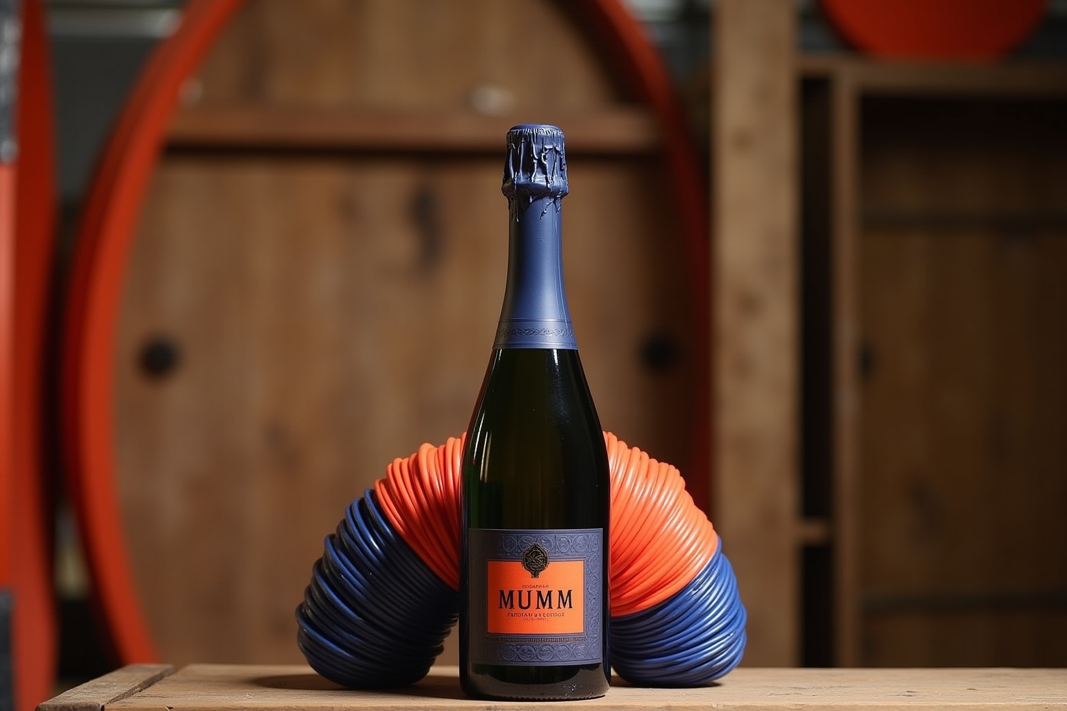 Bouteille de champagne Mumm entourée de tuyaux orange et bleus.