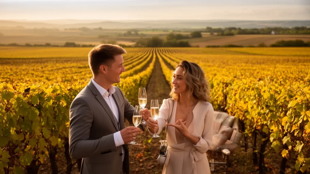 Couple romantique dégustant du champagne dans un vignoble doré au coucher du soleil.