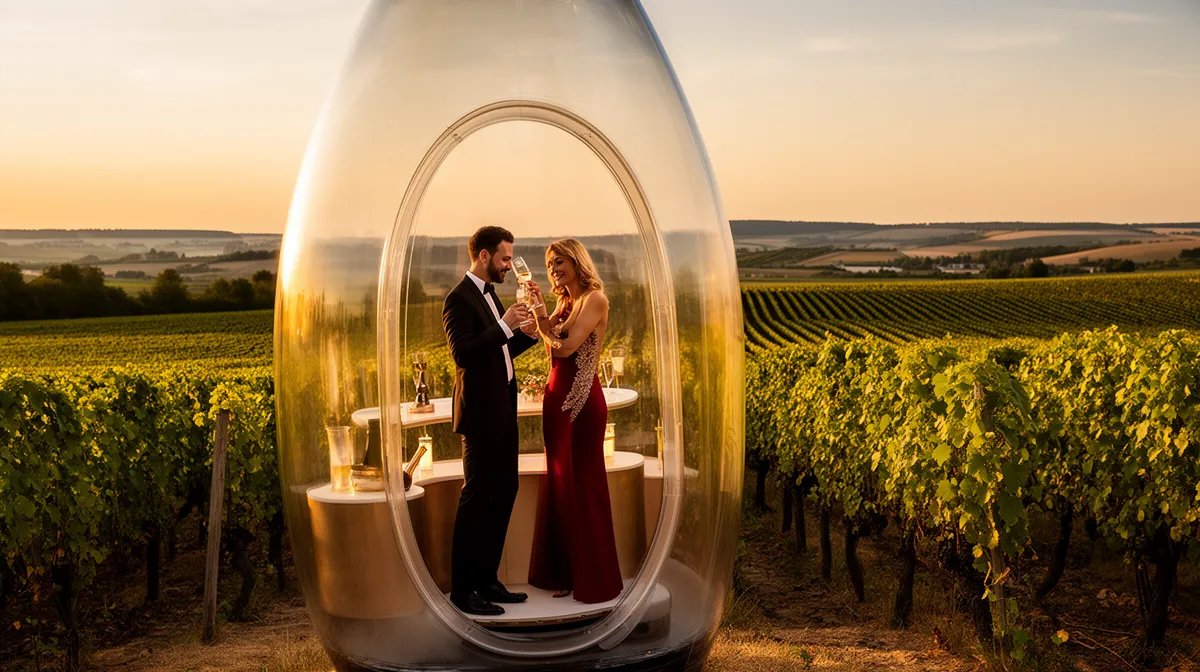Couple élégant dégustant du vin dans un vignoble au coucher du soleil.