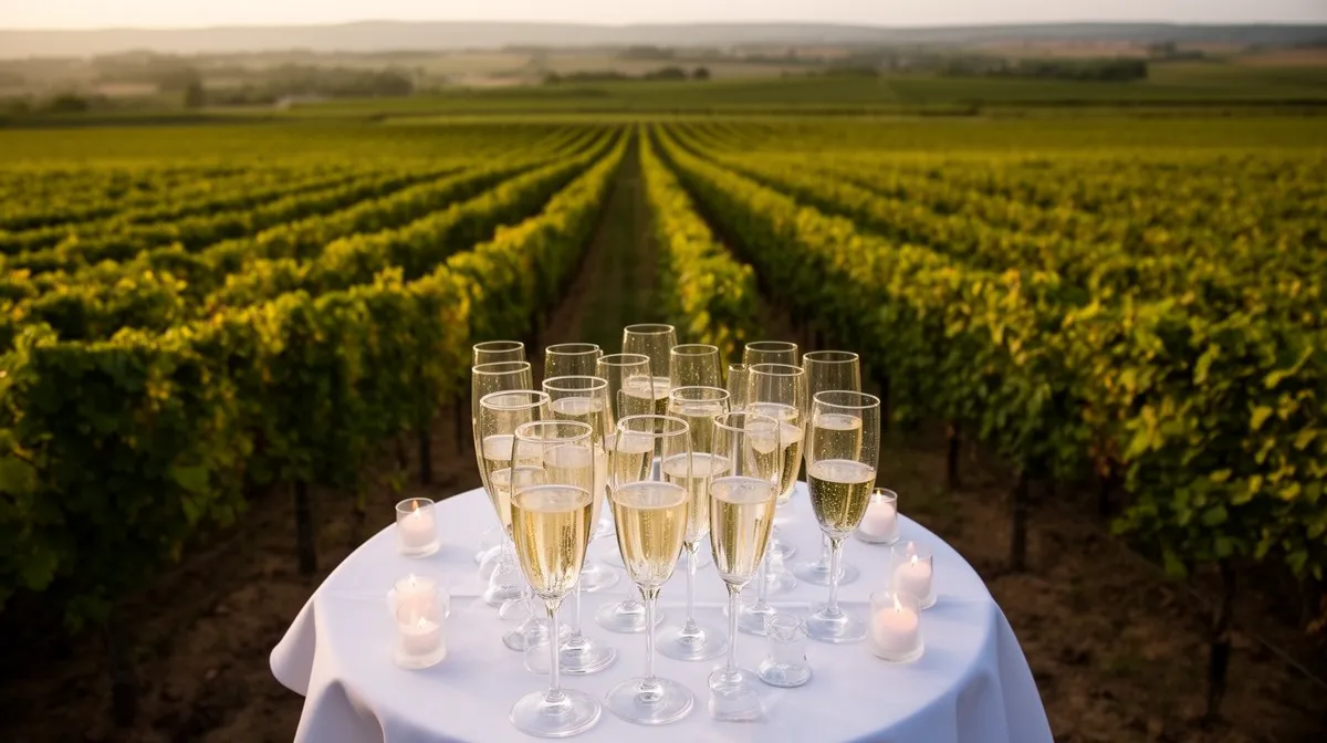 Verres de champagne sur une table blanche dans un vignoble verdoyant.