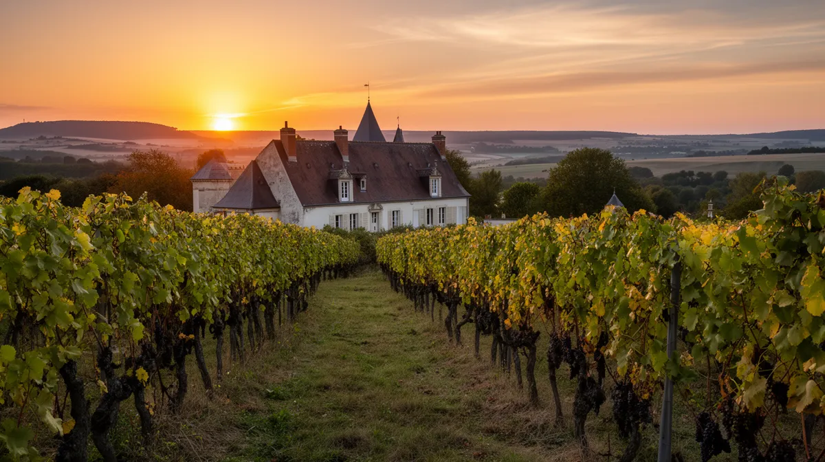 Vignoble pittoresque au coucher de soleil, château médiéval, paysage vallonné.