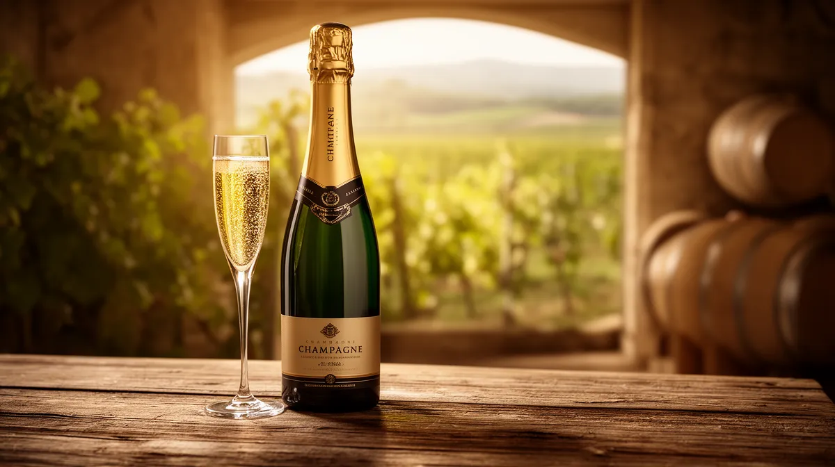 Bouteille de champagne et flûte sur table en bois avec paysage.