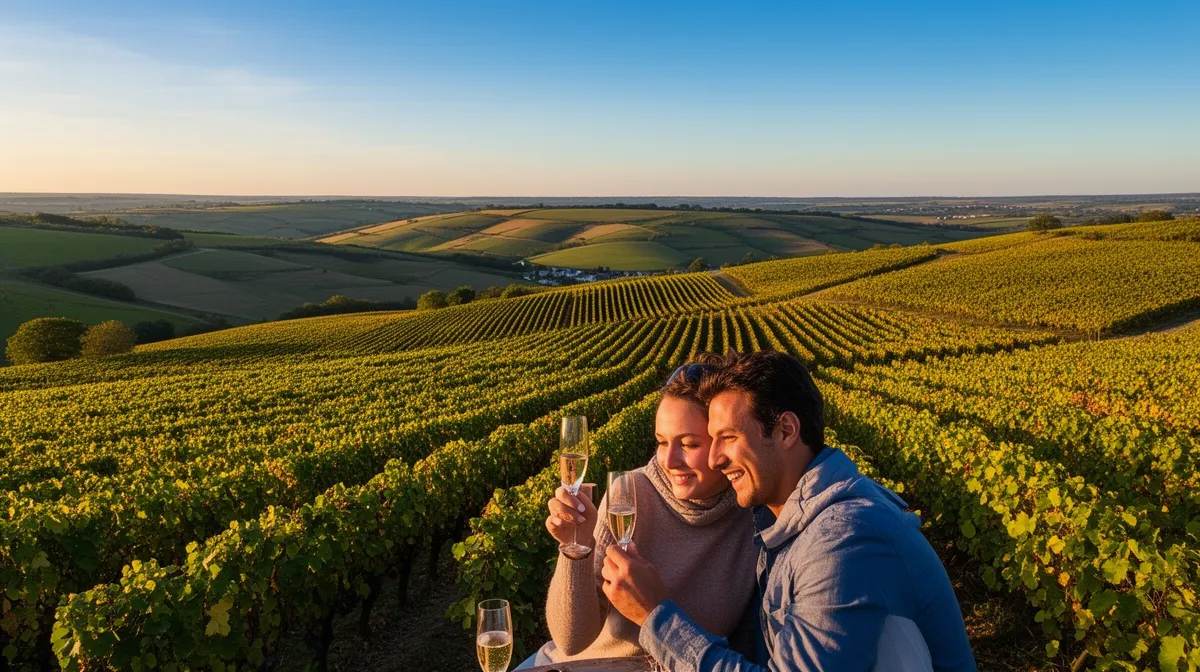 Couple heureux dégustant du champagne dans un vignoble verdoyant.