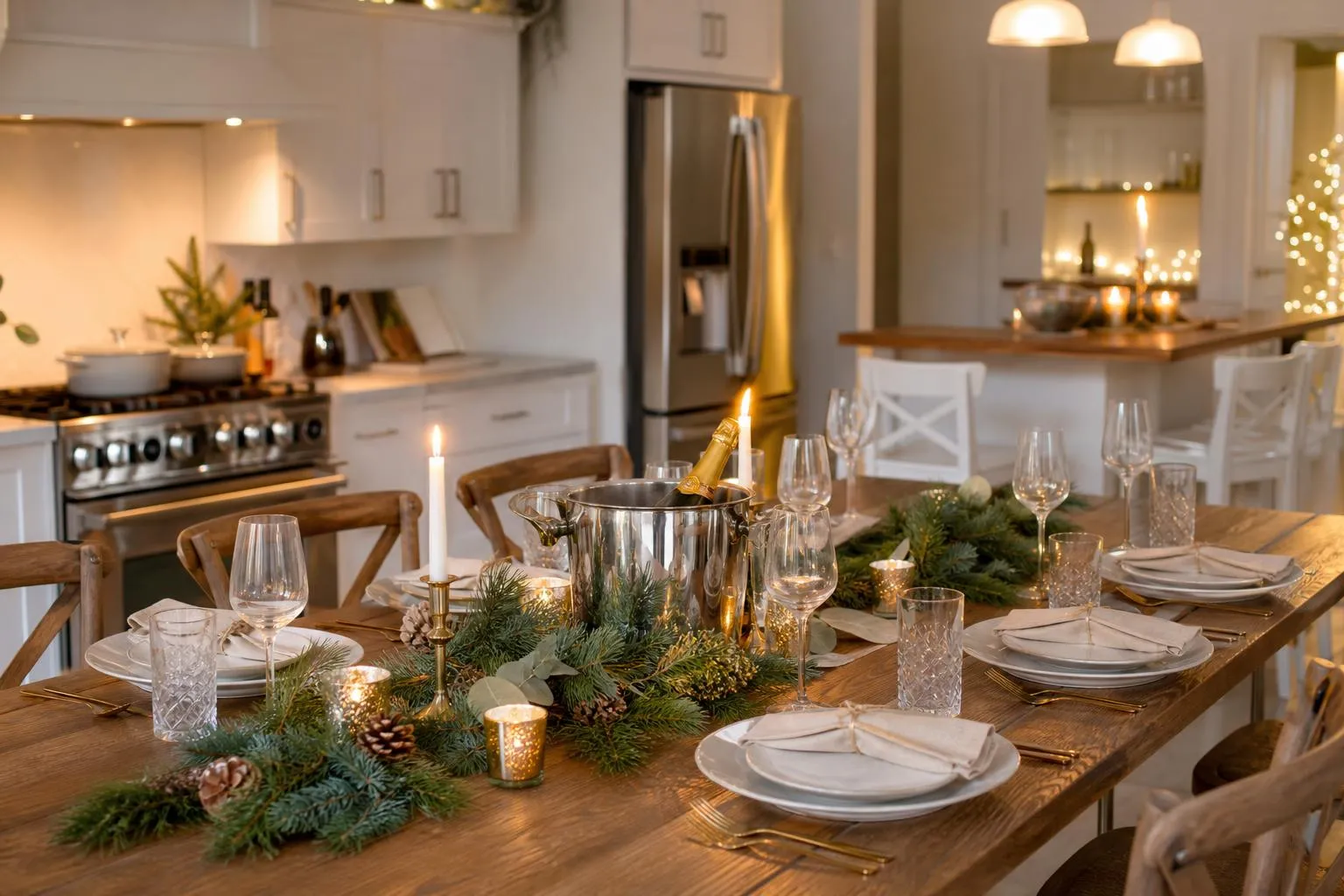 Table de fête de Noël décorée avec des éléments naturels et des accessoires dorés.