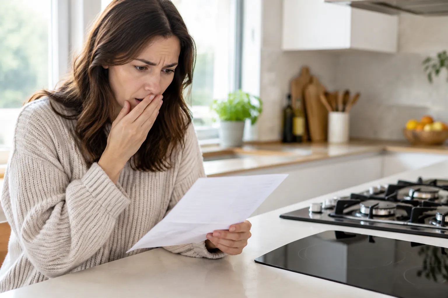 Femme inquiète examinant des documents dans la cuisine.