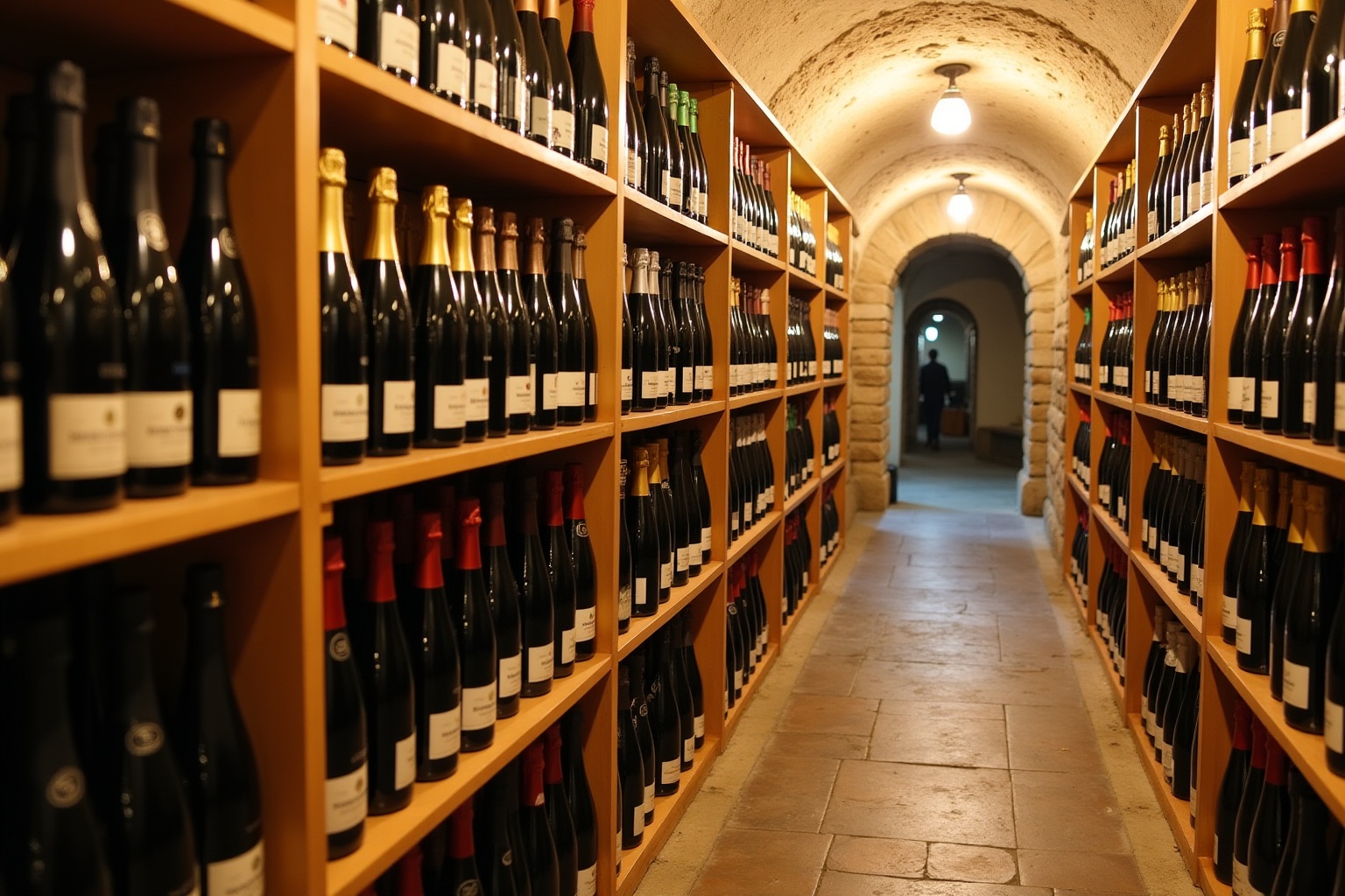 Rangées de bouteilles de vin dans une cave voûtée.