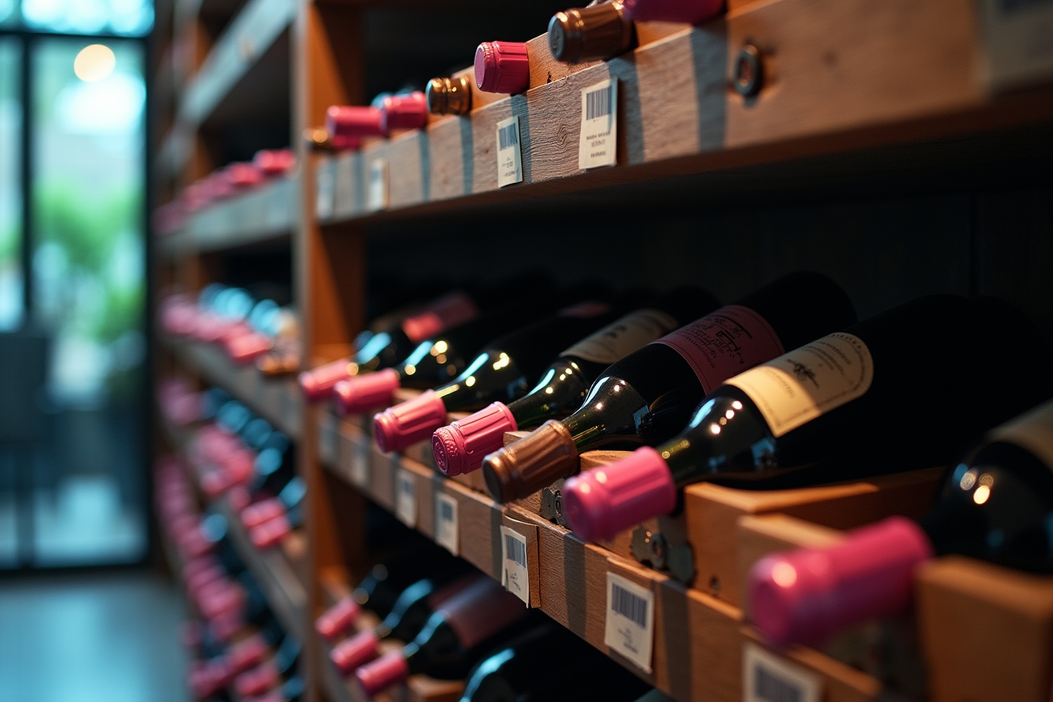 Bouteilles de vin rangées sur des étagères en bois.
