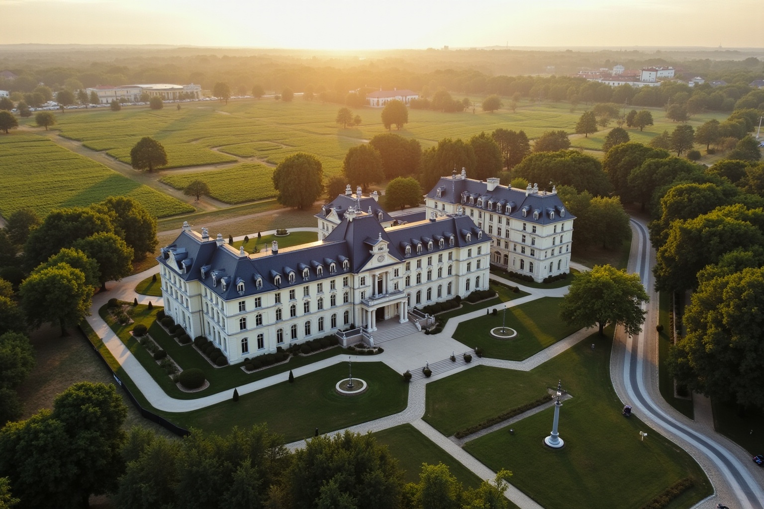 Château majestueux entouré de jardins verdoyants au coucher de soleil.