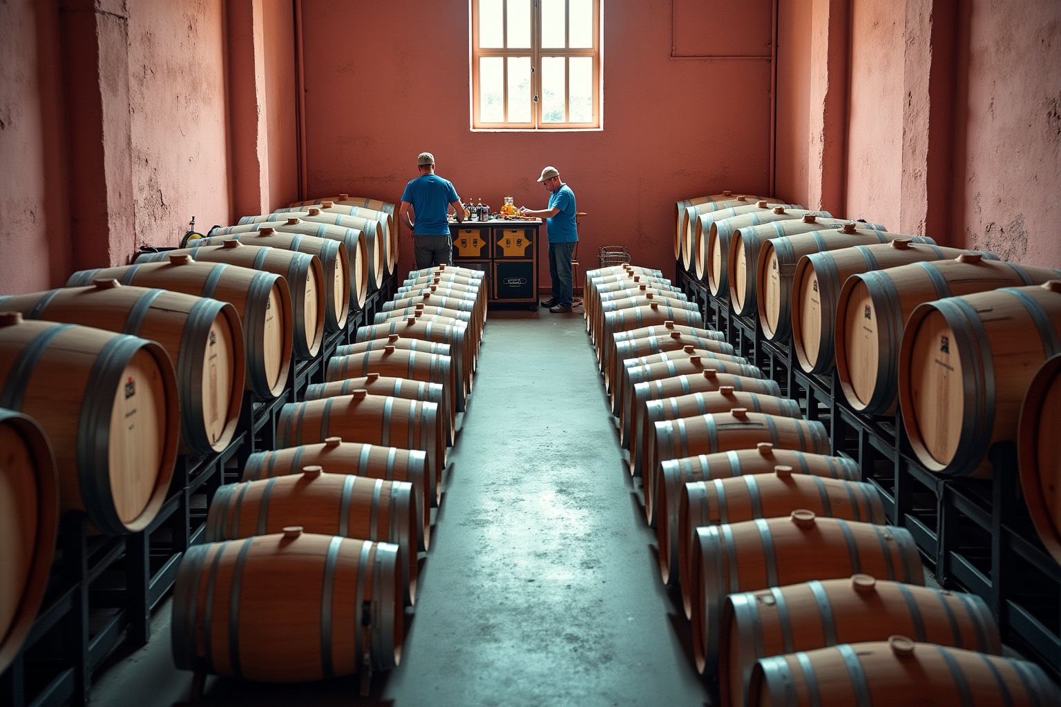 Rangées de fûts de vin dans un cellier, deux travailleurs au centre.