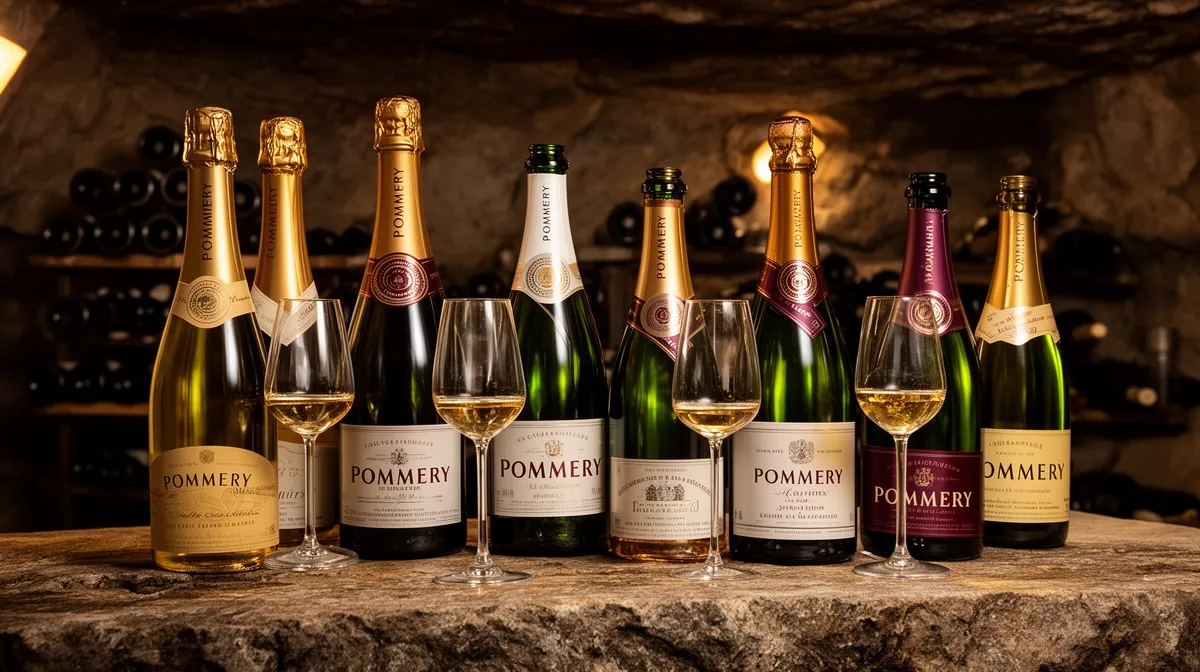 Bouteilles et verres de champagne Pommery sur un fond de cave.