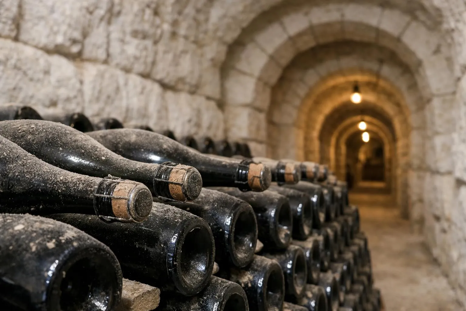 Bouteilles de vin entreposées dans une cave voûtée en pierre.