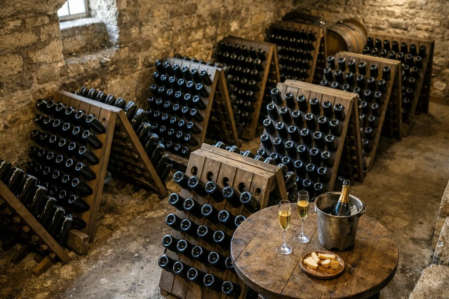 Rangées de bouteilles de vin dans une cave à vin.