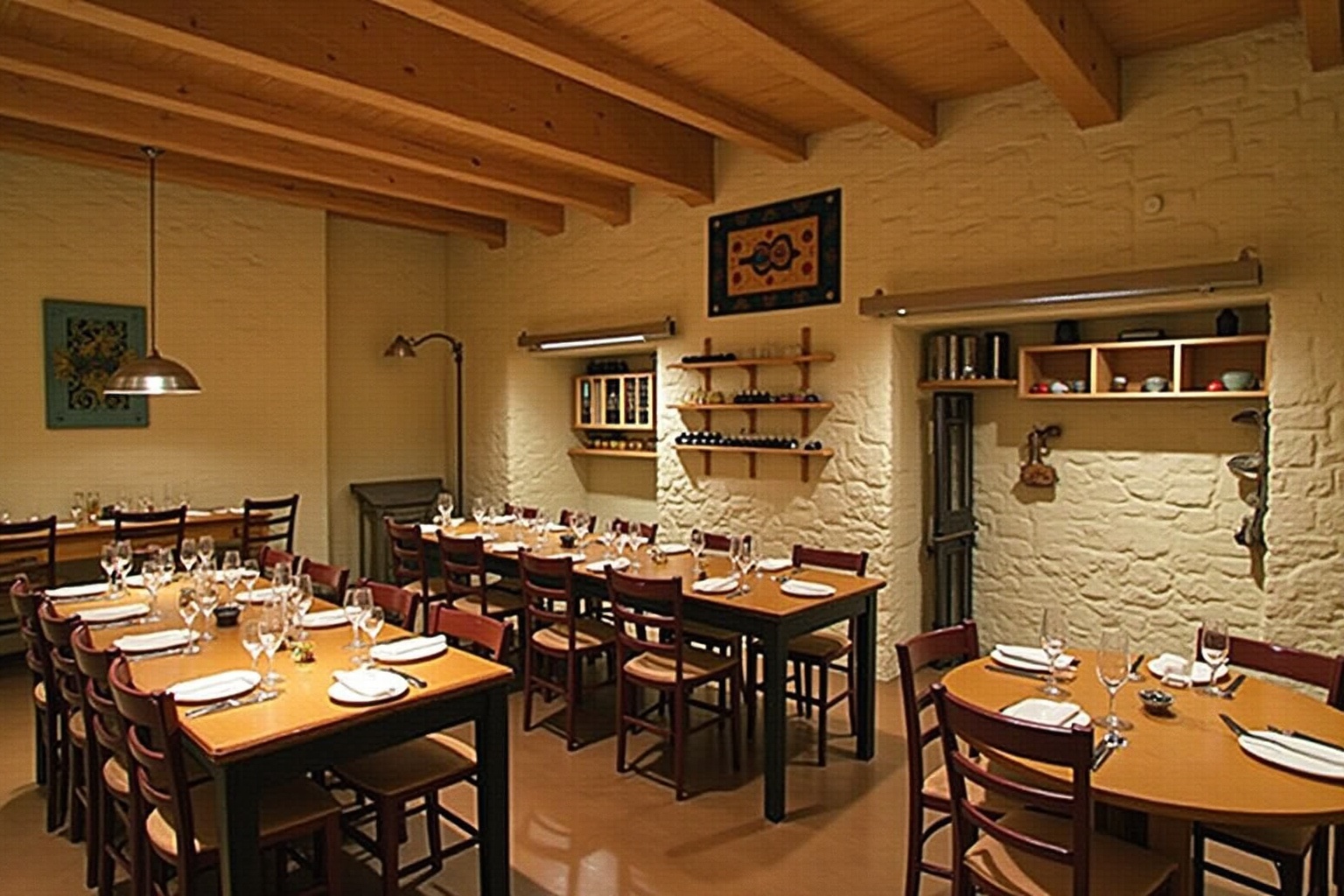 Salle à manger rustique avec tables et chaises en bois, éclairage chaleureux.