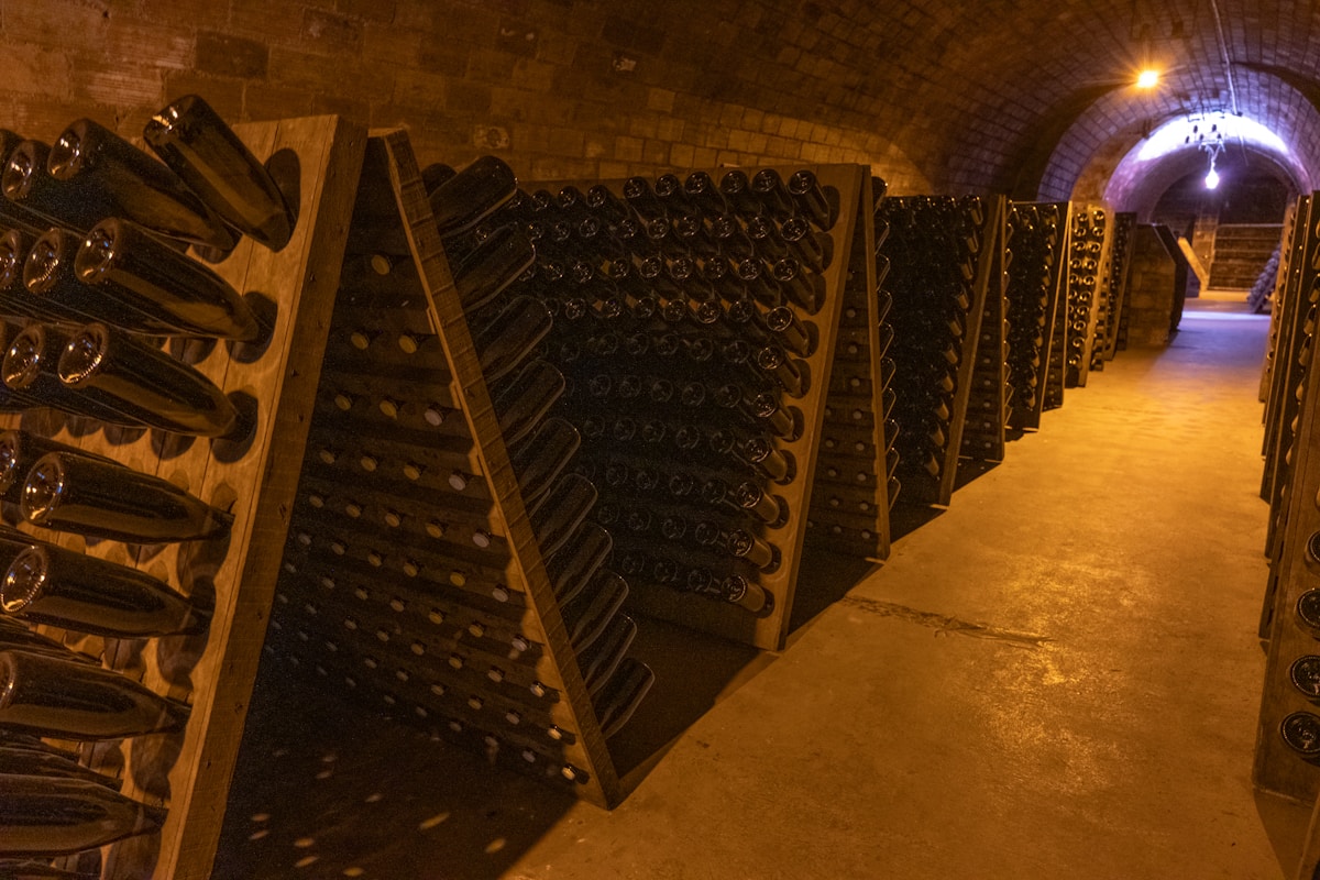Rangées de bouteilles de vin dans une cave sombre et voûtée.
