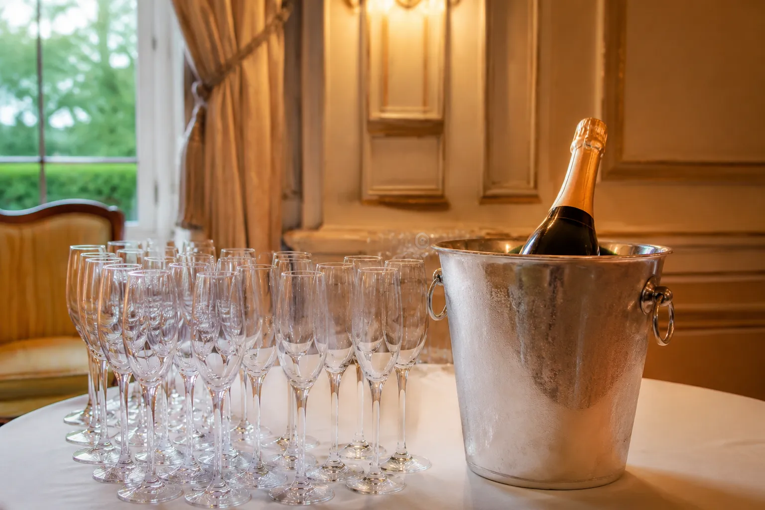 Verres de champagne alignés avec seau à glace contenant une bouteille.